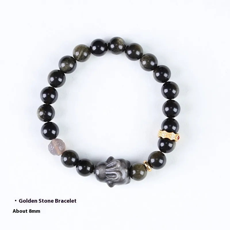 Handmade obsidian bracelet with lying rabbit charm in Jin Yaoshi and grey agate beads