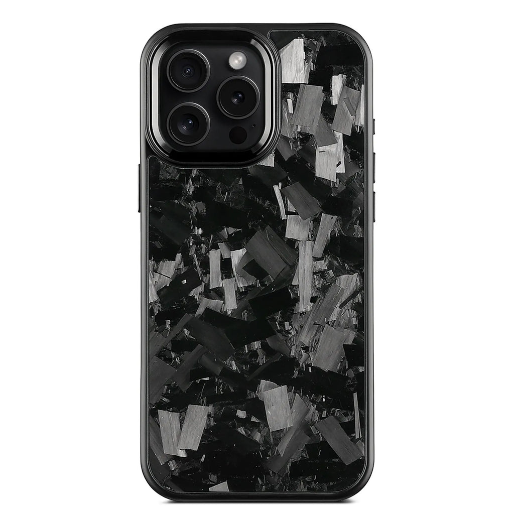 Carbon fibre forged pattern phone case in black on iPhone, showing full-coverage design and material texture