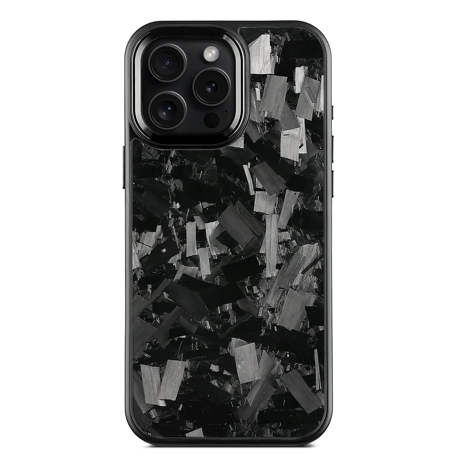 Carbon fibre forged pattern phone case in black on iPhone, showing full-coverage design and material texture