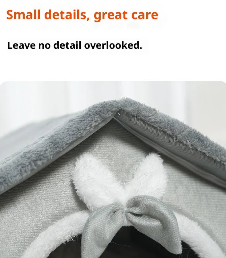 Small plush PP cotton pet house nest with bowknot design for cats and small dogs, winter warm indoor use