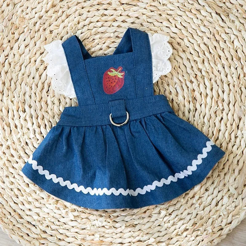 Strawberry print denim dog skirt in Bondi Blue colour with traction backing for small dogs