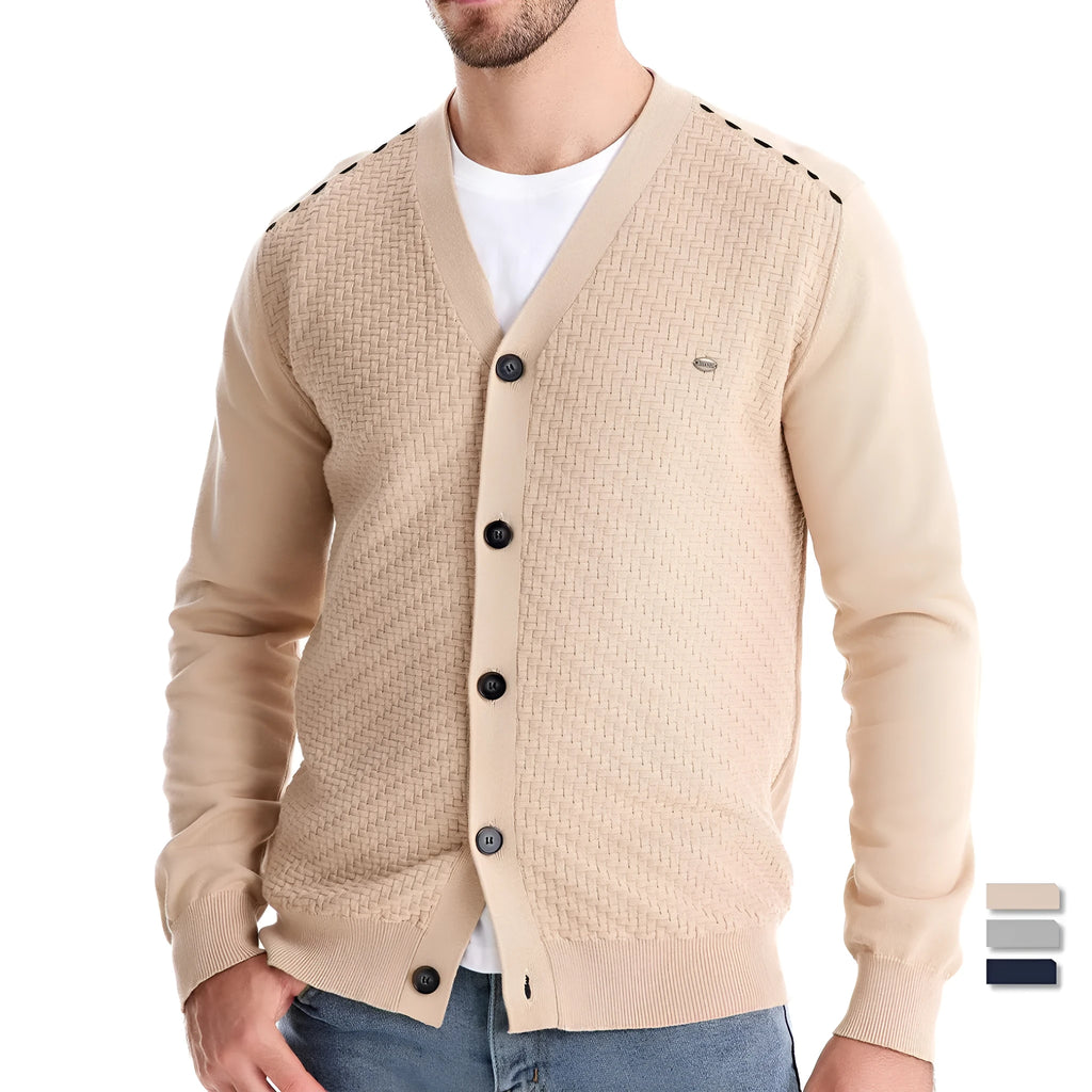 Men's V-neck slim fit cotton cardigan sweater in gray, long sleeves, autumn casual top