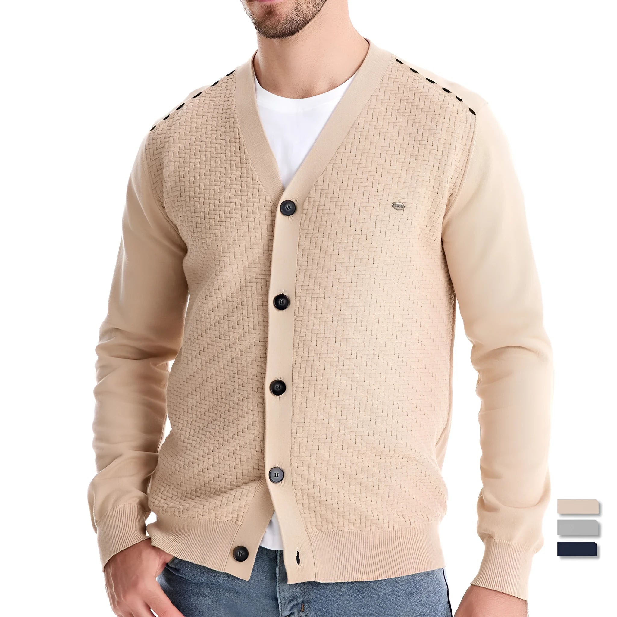Men's V-neck slim fit cotton cardigan sweater in gray, long sleeves, autumn casual top