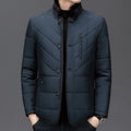 Men's dark blue short winter padded coat with side pockets on a mannequin