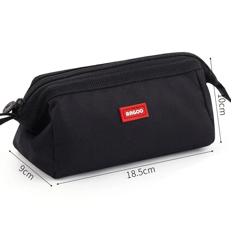 Large-capacity oxford cloth pencil case with a double zipper, shown in yellow, black, and dark blue colour options.