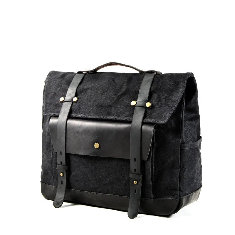 European retro cotton messenger bag for motorcycle helmet storage with rivet details