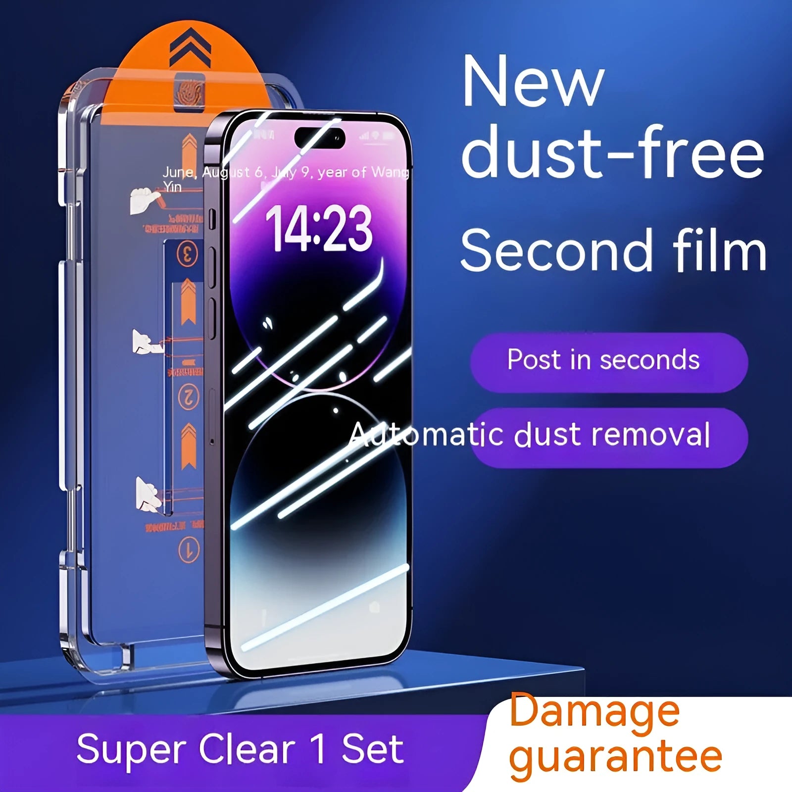 iPhone tempered glass screen protector with dust-free application kit and listening hole dustproof net.