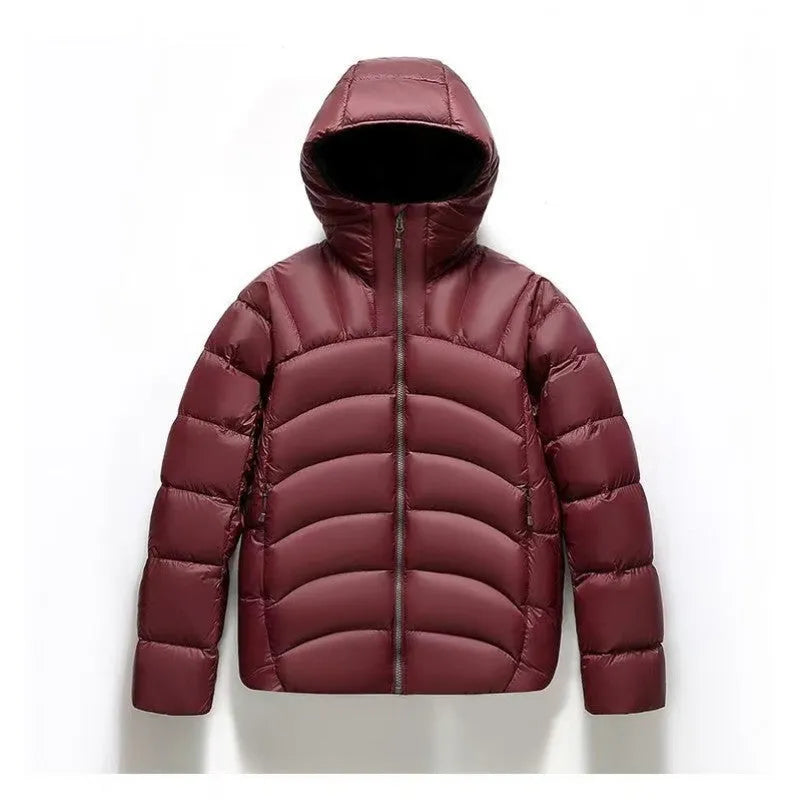 Unisex hooded down jacket in solid colour with ribbed cuffs and hood, front view