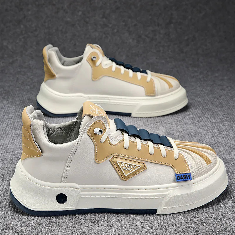 Men's beige and black casual sneakers with mesh lining and elastic band closure