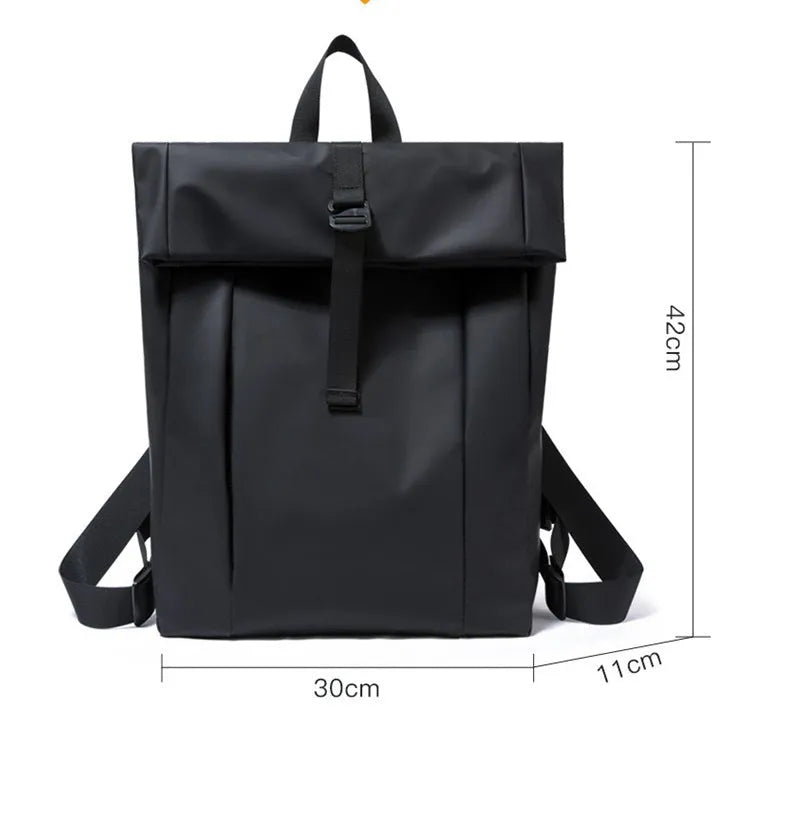 Solid colour large capacity men's backpack with airpillow straps, available in black, blue, and silver, 30x11x42cm