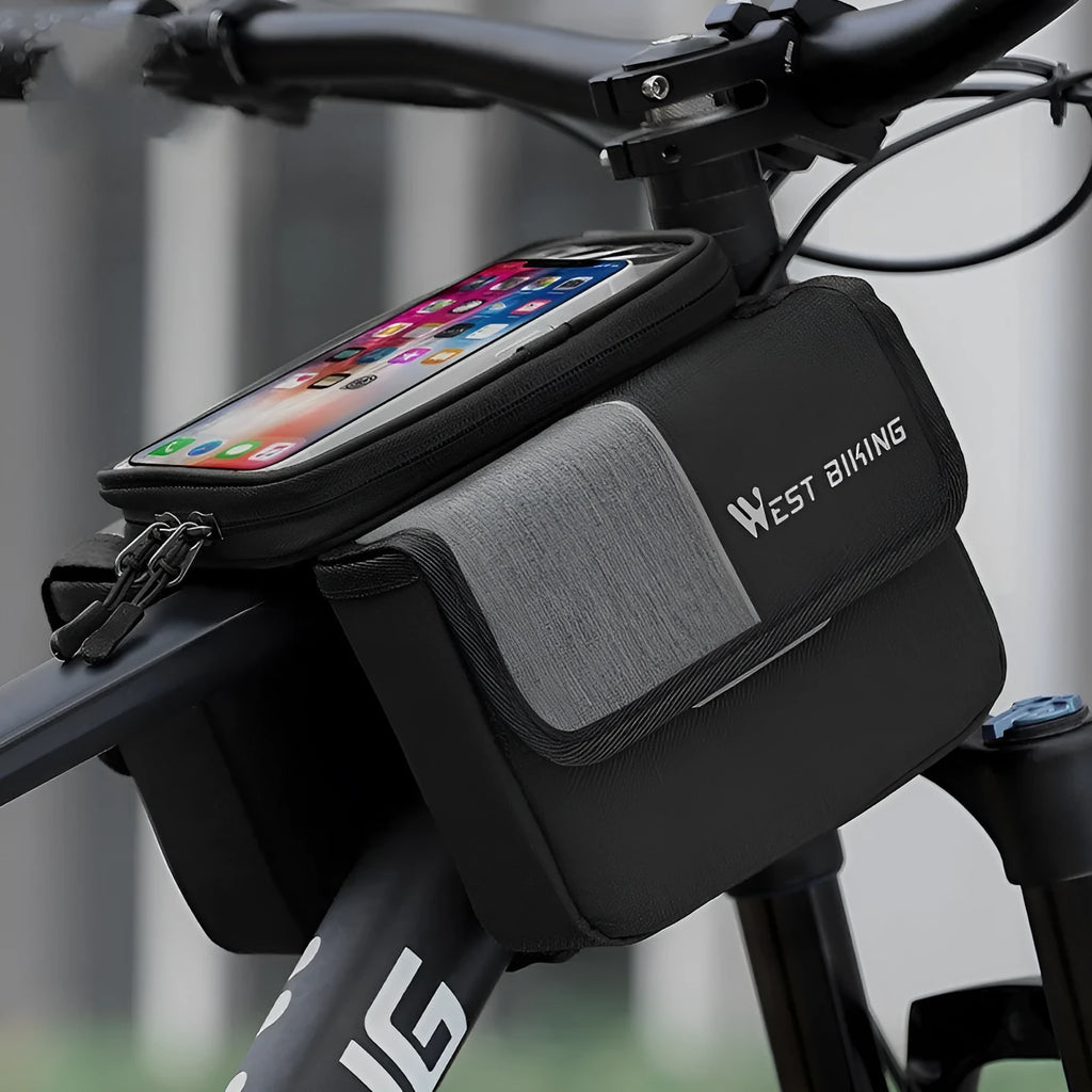 Black and grey Oxford cloth bilateral tube saddle bag mounted on bicycle handlebars.