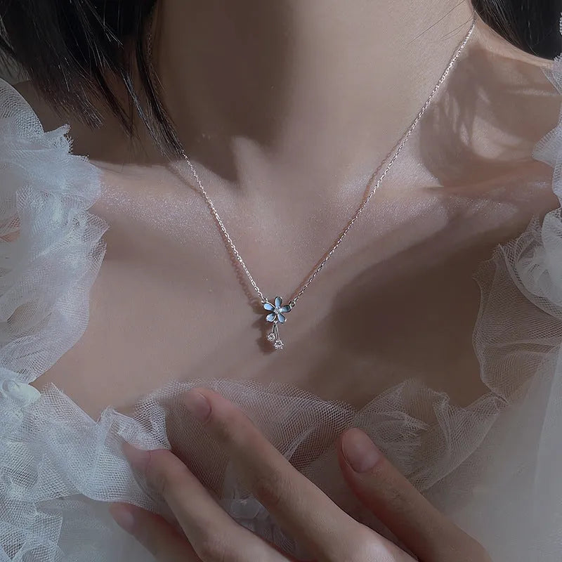 S999 pure silver flower pendant necklace with white nano anti-oxidation finish on cross chain