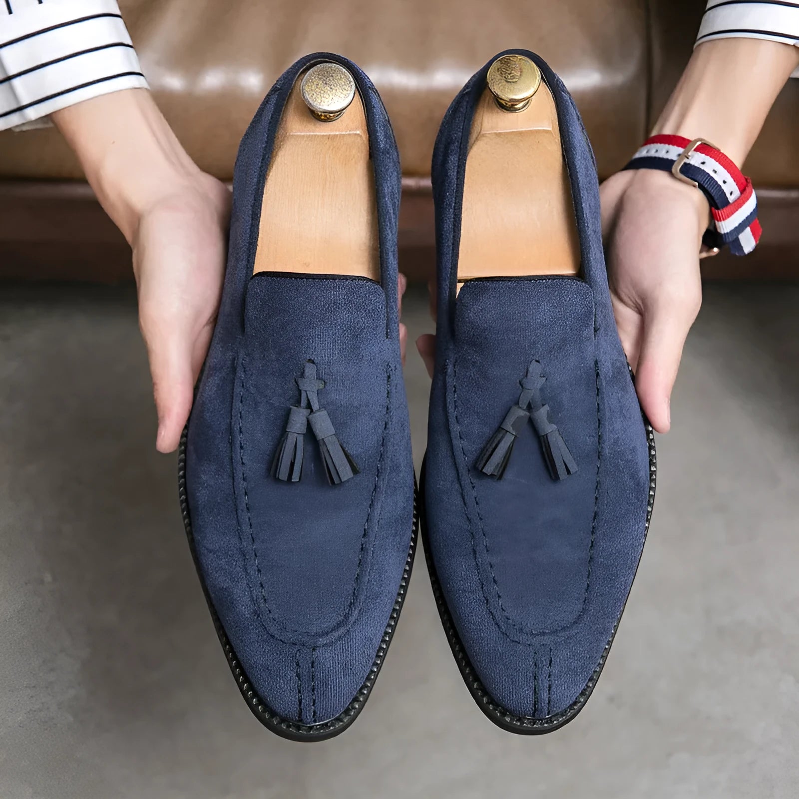 Men's suede matte fashion leather shoes in blue with artificial PU upper and flat heel