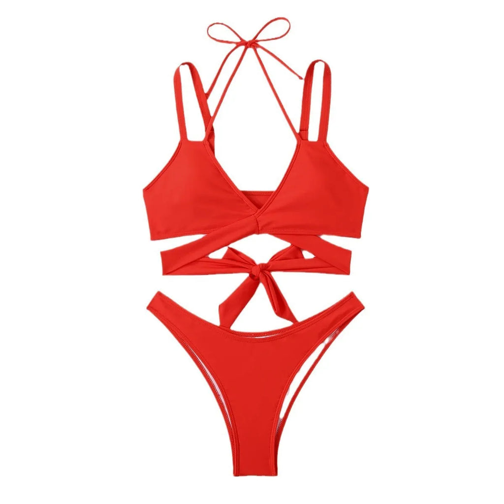 Women's solid colour strap bikini swimsuit in briefs style on a mannequin.