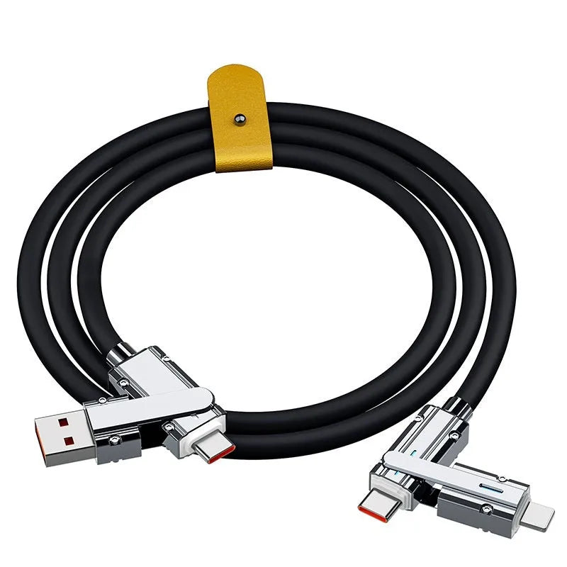 Orange fast-charging cable with Lightning and Type-C connectors, 1 metre long with zinc alloy ends.