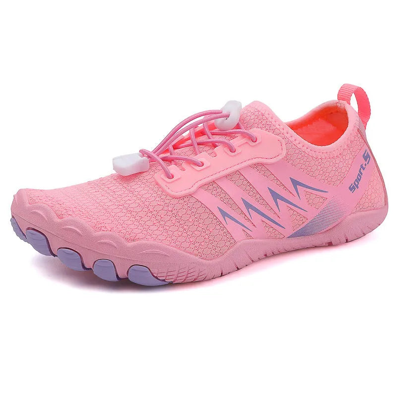 Low-top river tracing shoes in mesh with rubber sole, shown in apricot colour.