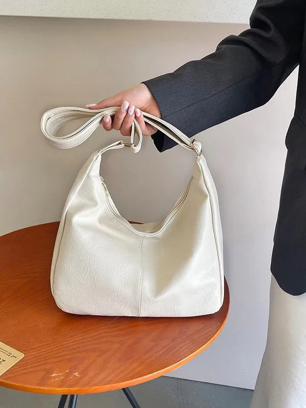 Retro fashion large capacity women's crossbody shoulder bag in white PU leather with horizontal square shape