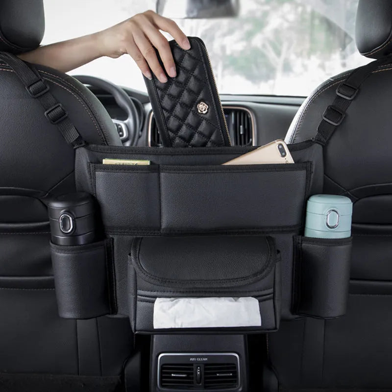 Interseat storage bag 38x24x15cm leather car tissue holder between seats black
