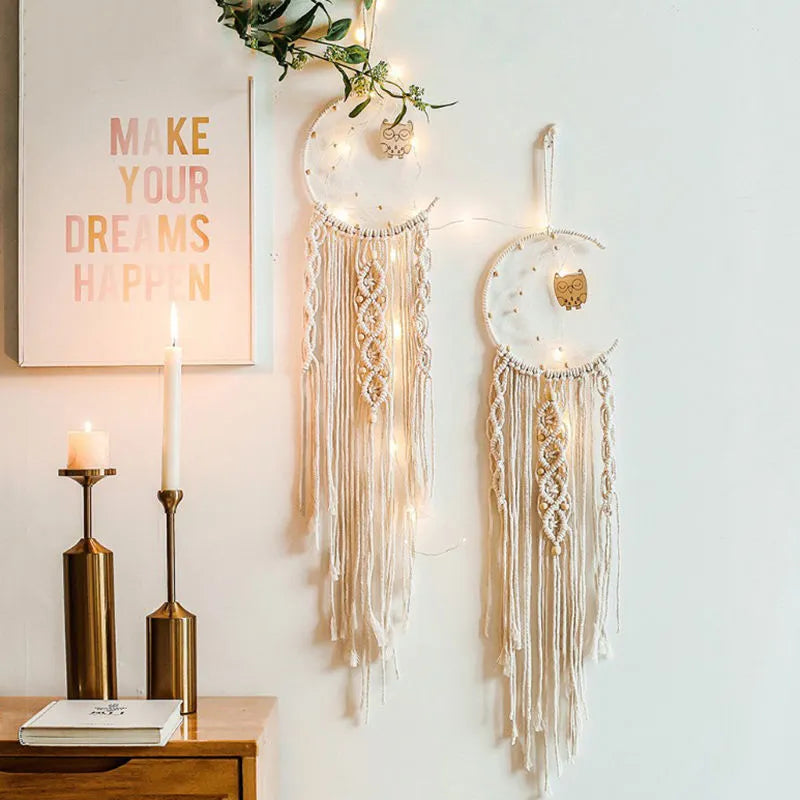 Handmade woven dreamcatcher hanging lamp with star light on bedroom wall, 90cm length, cotton thread