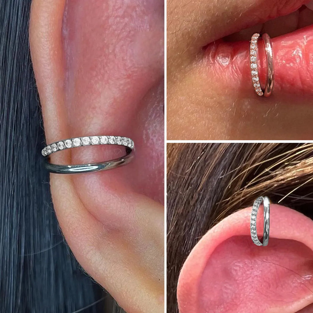 F136 titanium alloy fork nose ring with diamond cut finish in silver colour, on display
