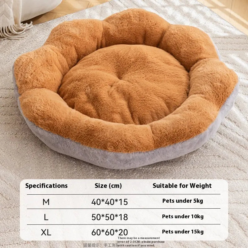 Round cat pet bed with thick rabbit plush material in yellow brown colour showing detachable design