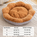 Round cat pet bed with thick rabbit plush material in yellow brown colour showing detachable design