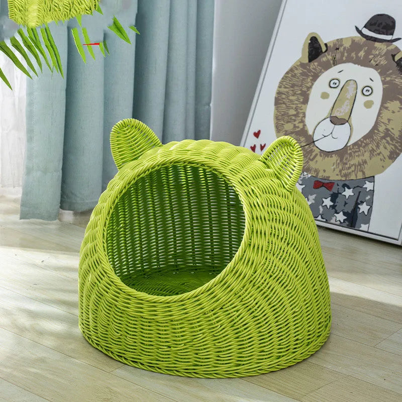 Semi-enclosed hand-knitted imitation rattan cat house with bear ear top in beige
