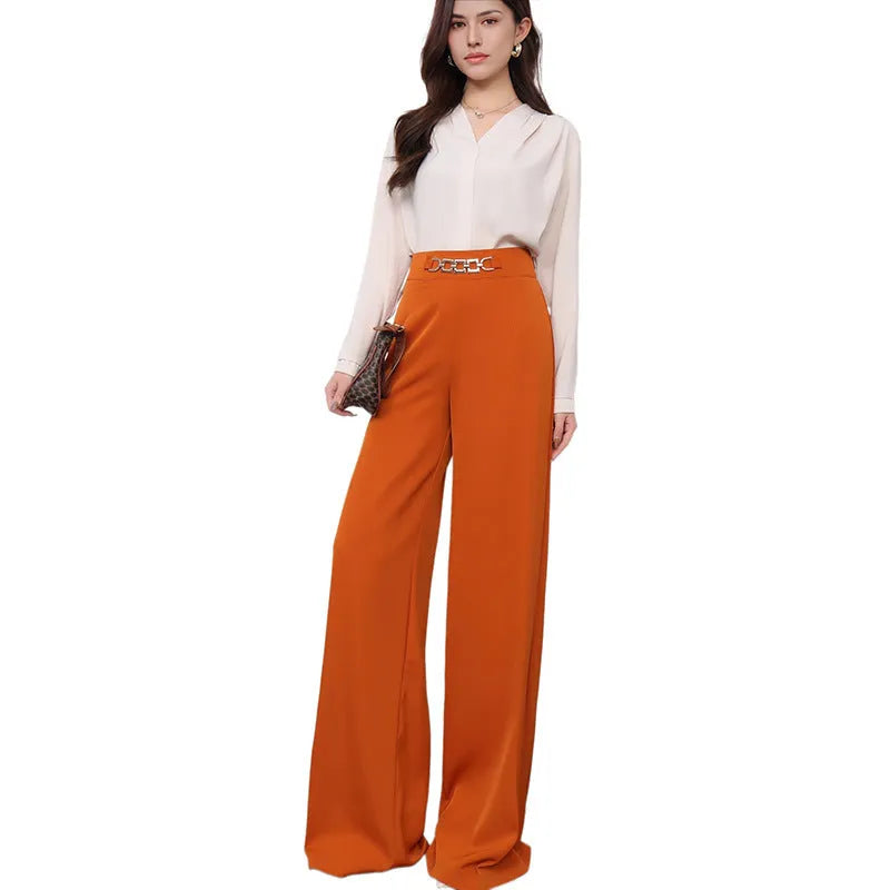 Solid colour draped wide leg pants for women, straight-leg polyester trousers with elastic waist, eight colour options