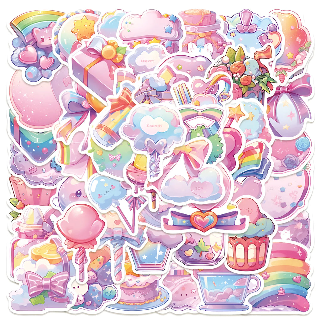 Pack of 50 fresh candy small object decorative waterproof stickers, each measuring between 4 and 7 cm.