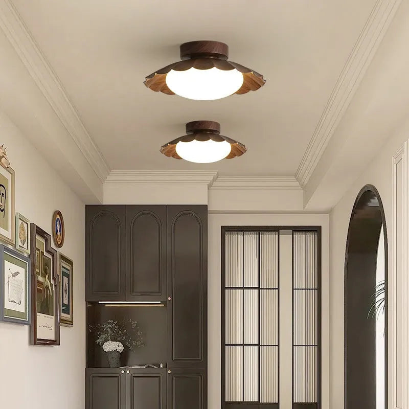 Mid-ancient silent balcony LED ceiling light round 25cm in beige colour with iron frame and acrylic shade