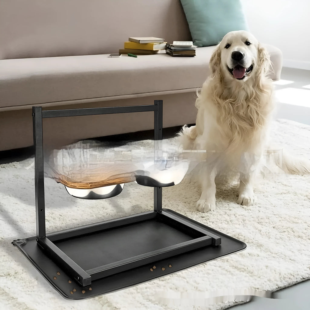 Black iron elevated dog food bowl stand with a height of 40cm.