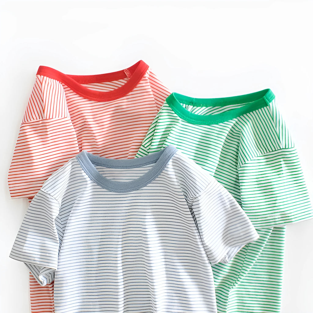 Cotton striped short sleeve baby bottoming shirt for boys in fruit green white, 90-140cm