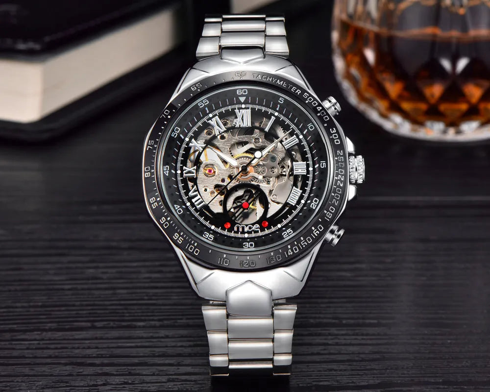 MCE automatic mechanical men's watch with explosion-proof and anti-magnetic features on stainless steel bracelet