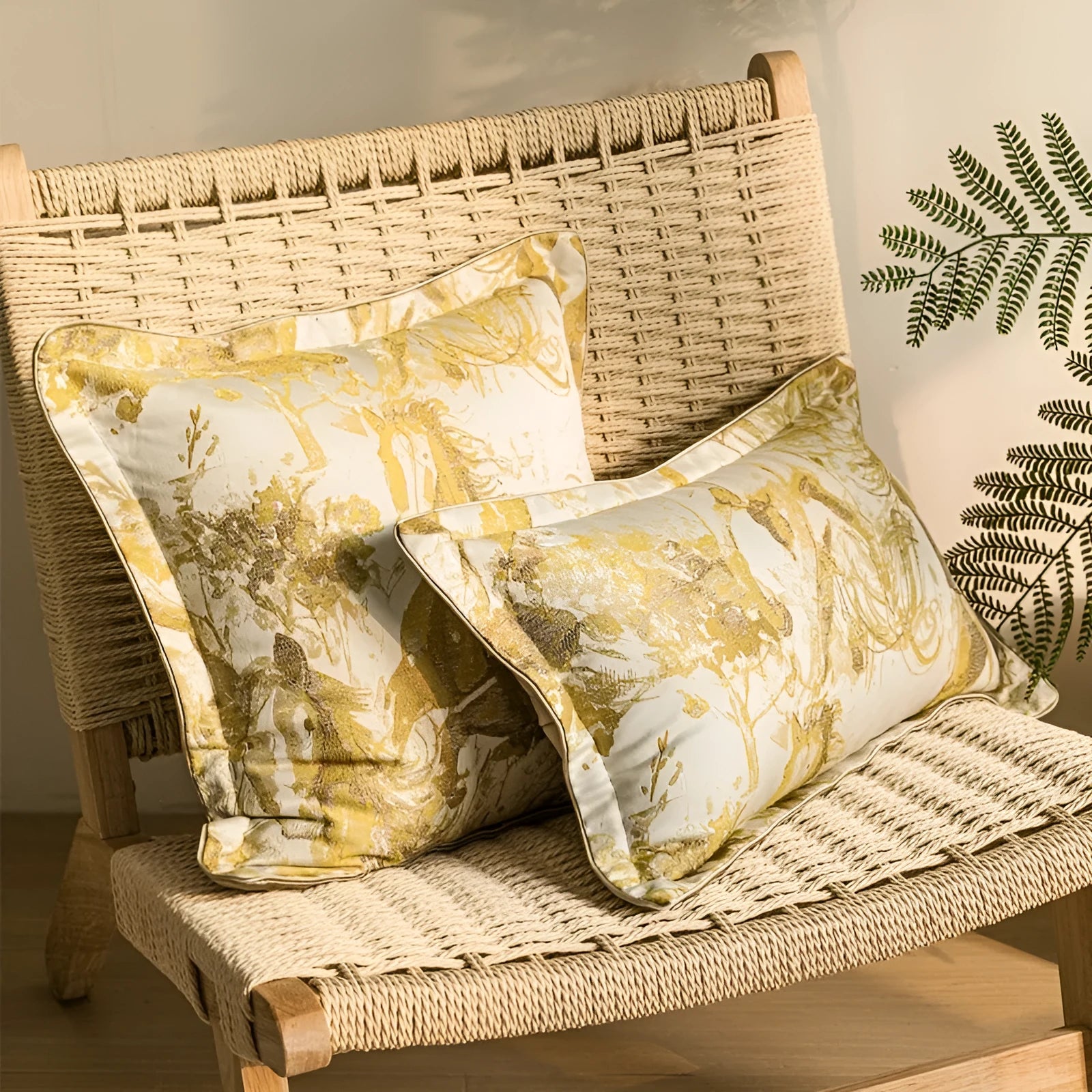 Close-up of a golden horse abstract design on a textured jacquard cushion cover in a choice of colours.