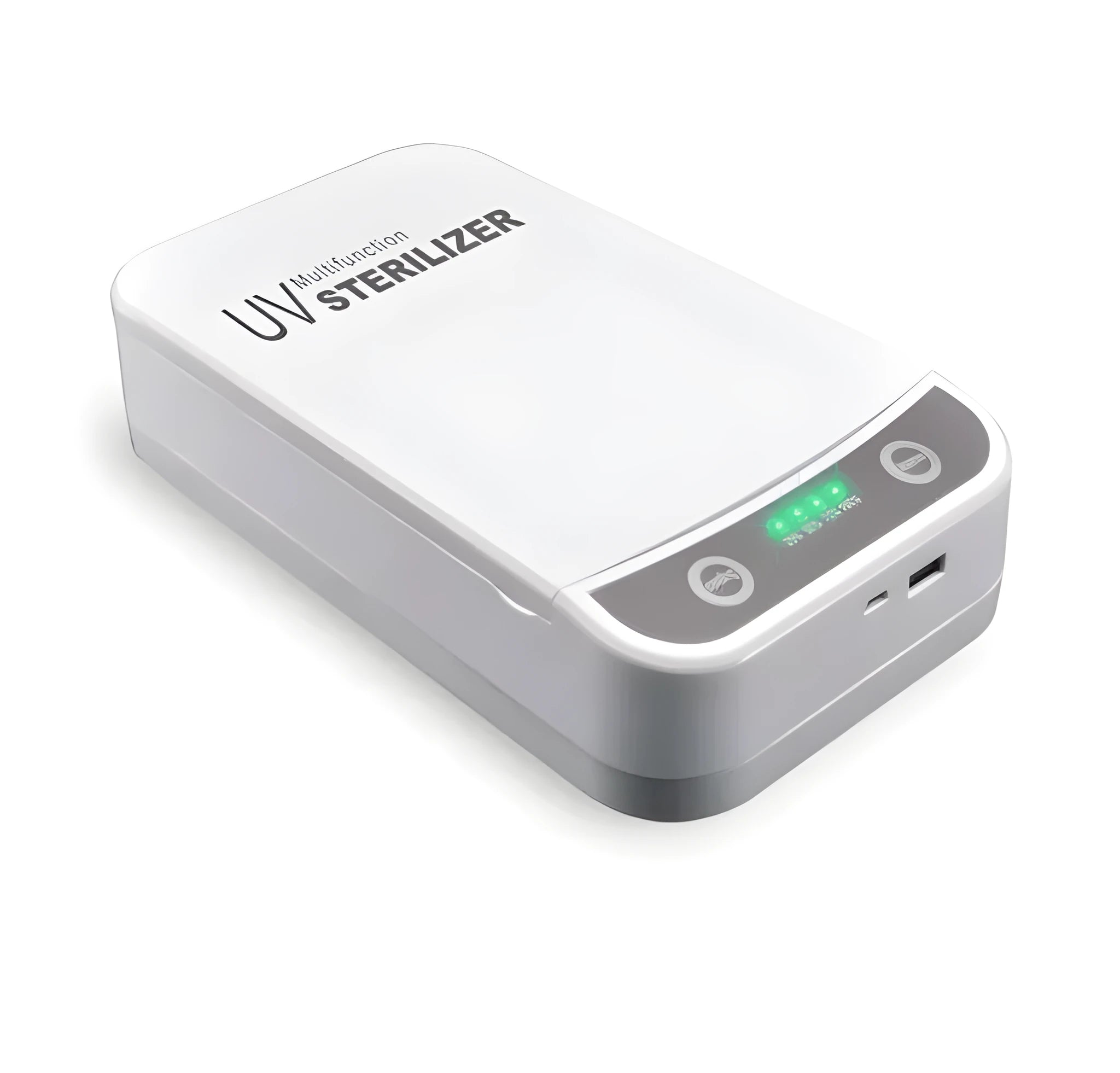 White UV disinfection box with closed lid, shown with scale indicating its 218mm length.