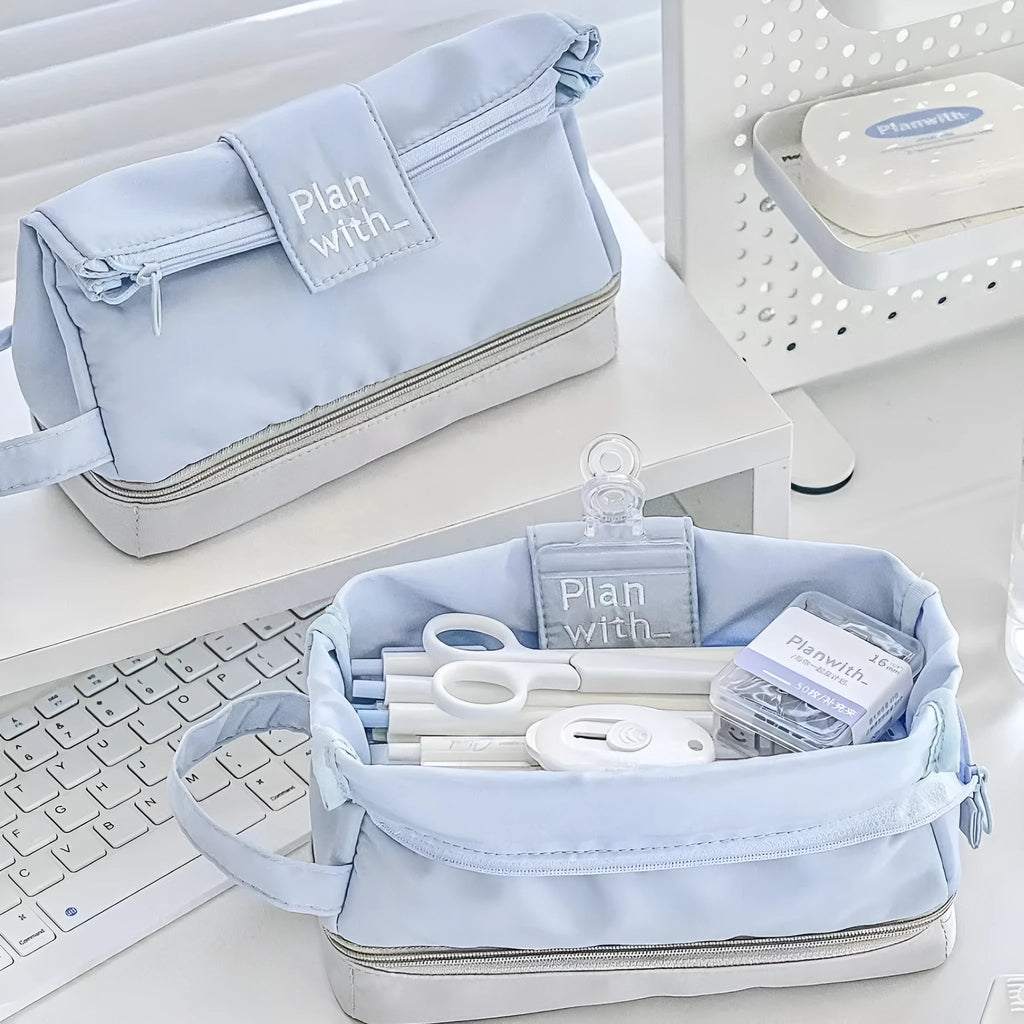Folding double-layer student pencil case in dark blue, blue, or cream white colour