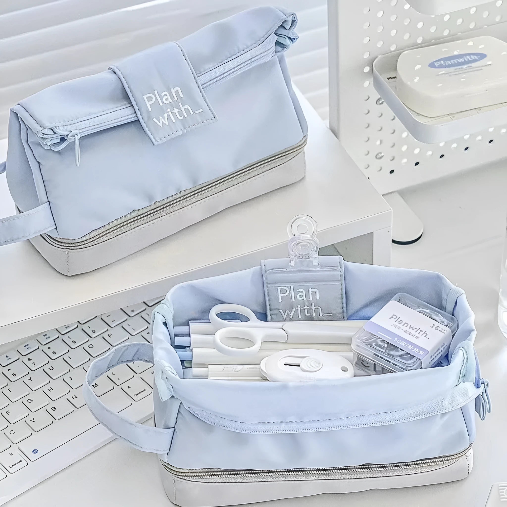 Folding double-layer student pencil case in dark blue, blue, or cream white colour