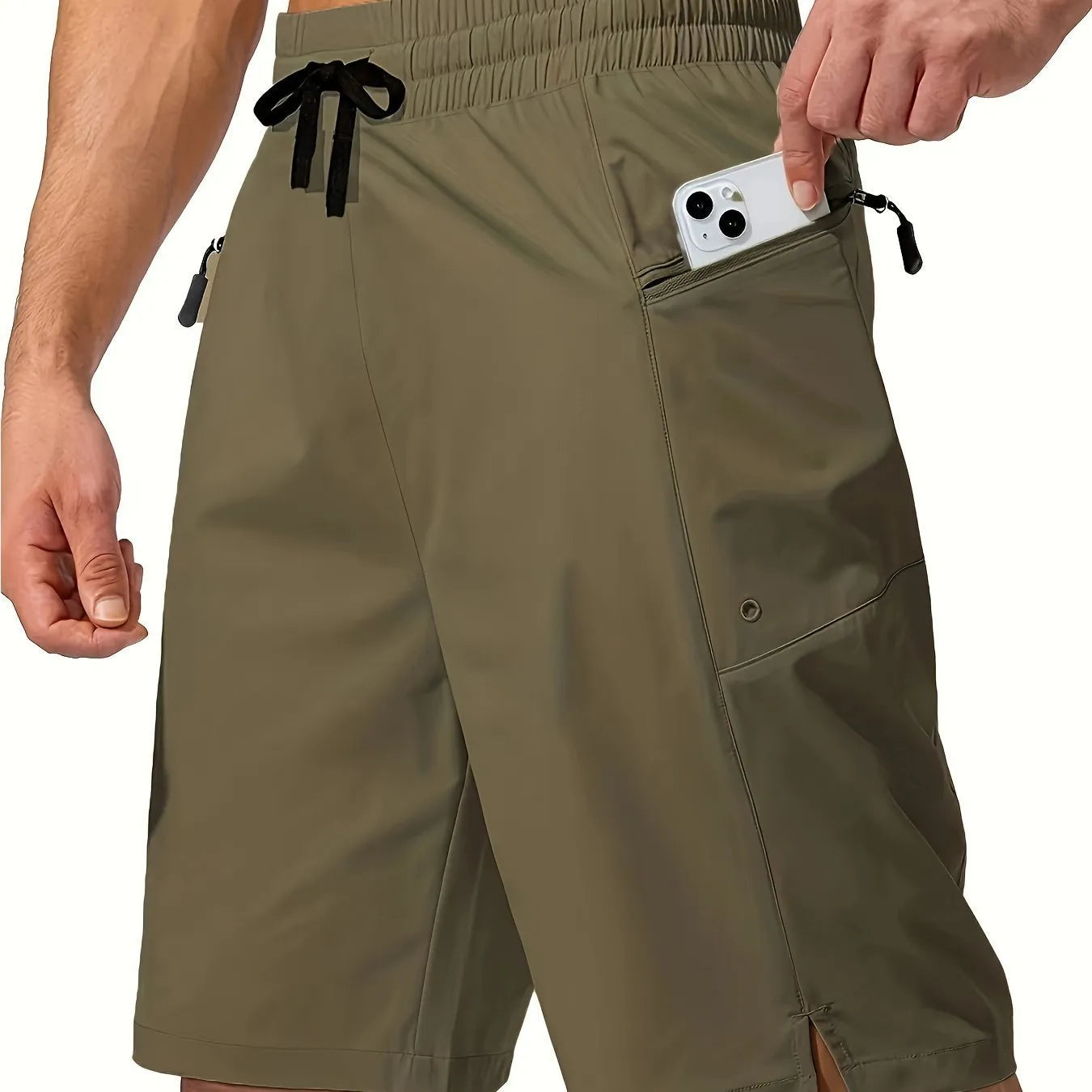 Men's solid colour quick-drying beach shorts in straight-leg polyester fabric