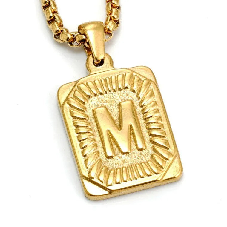 Gold-plated 18K titanium steel letter pendant necklace with pearl chain, unisex, letter M shown.