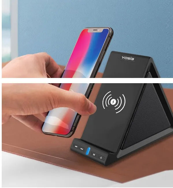 Black multifunctional Bluetooth speaker with phone stand and wireless charging ports.