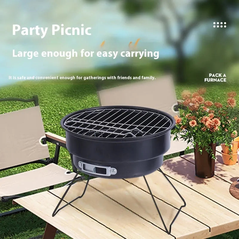 Small round folding outdoor ice stove with barbecue grill and mesh for 1-2 people.