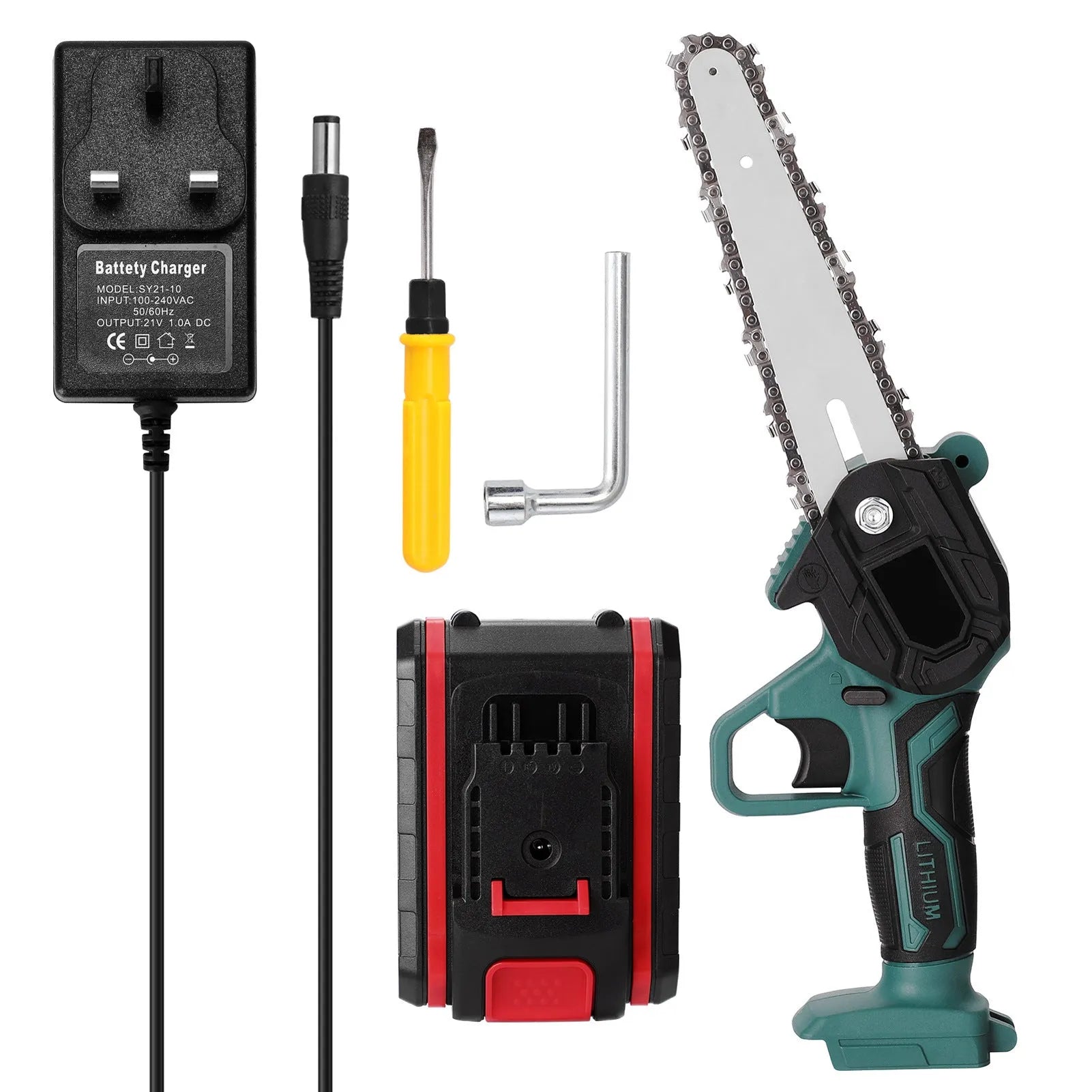 Black mini electric chainsaw with 4-inch guide bar held in one hand