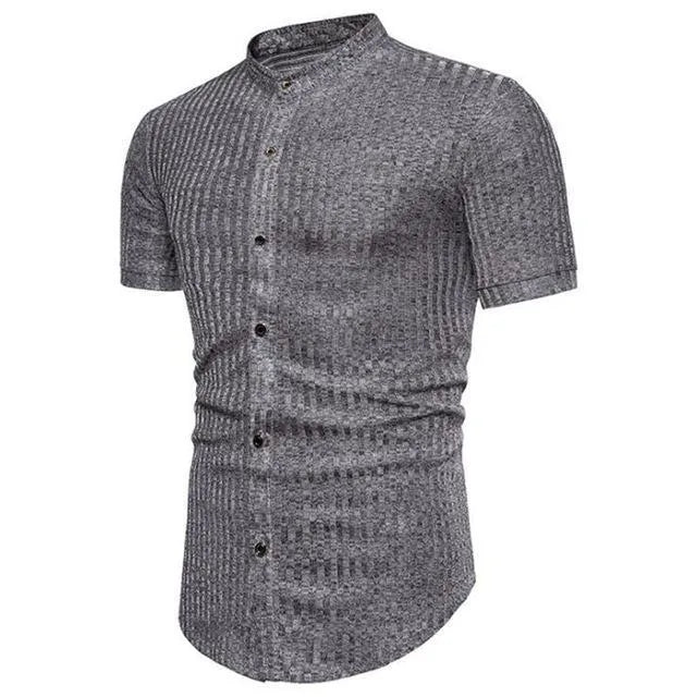 Men's casual short sleeve shirt in black, brown, and gray cotton blend, sizes M to 3XL