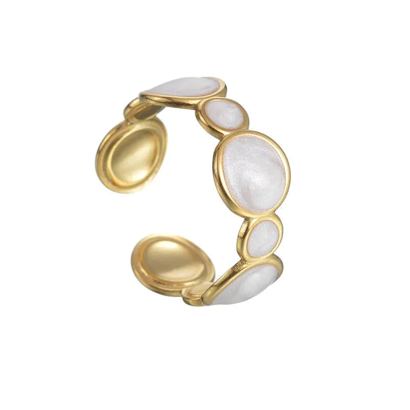 Geometric stainless steel ring with adjustable opening and electroplated metallic finish