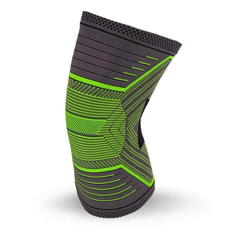 Outdoor sports kneecaps with four-sided elastic construction, shown in red, green, and orange colours, sized for tennis and athletic use