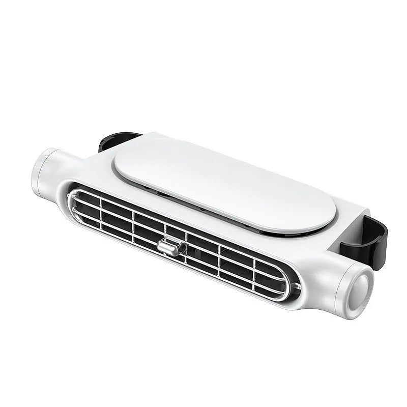 USB plug-in car fan with Velcro straps mounted on a car seat headrest in beige colour.