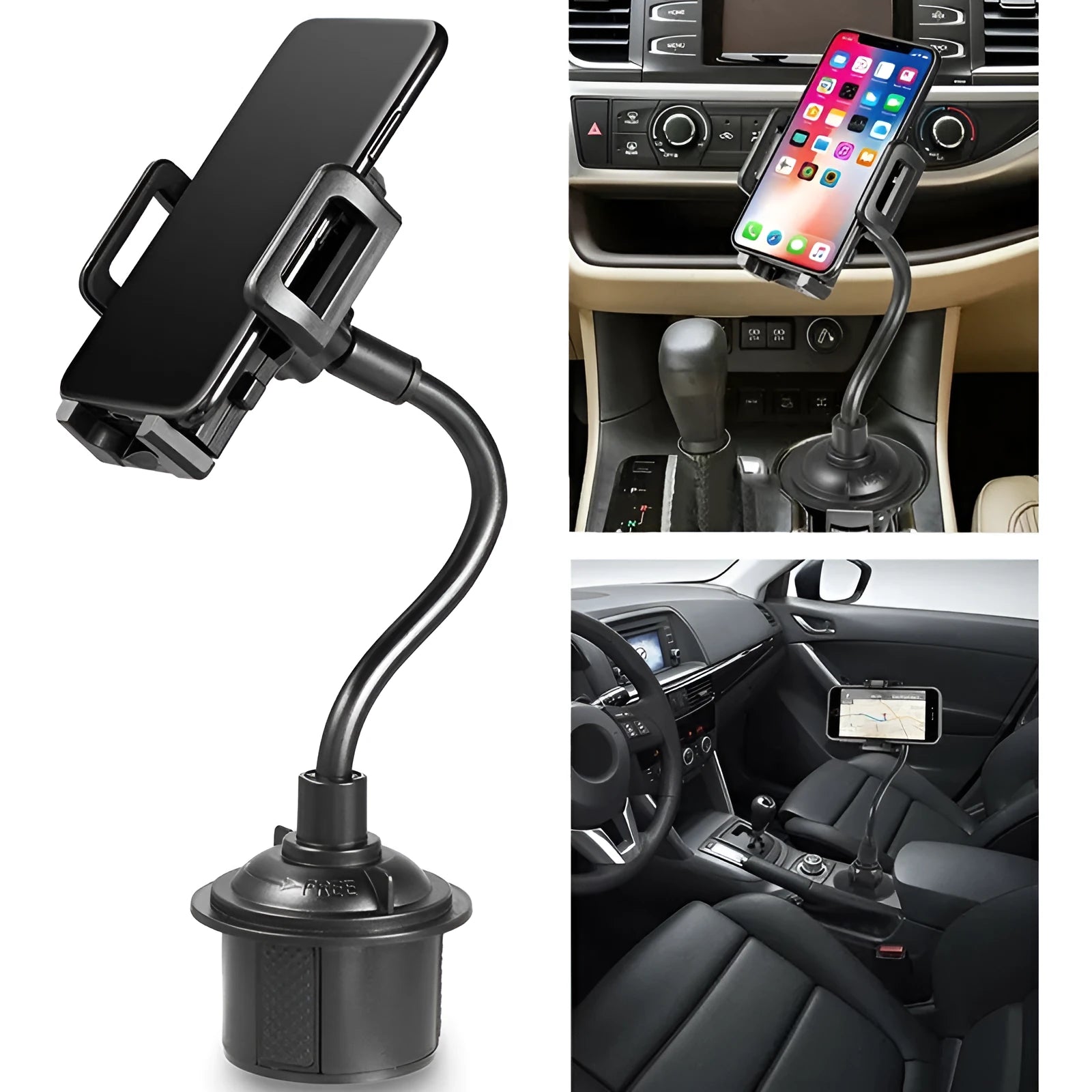 Black universal adjustable car phone mount bracket shown with suction cup and vent clip attachment options.