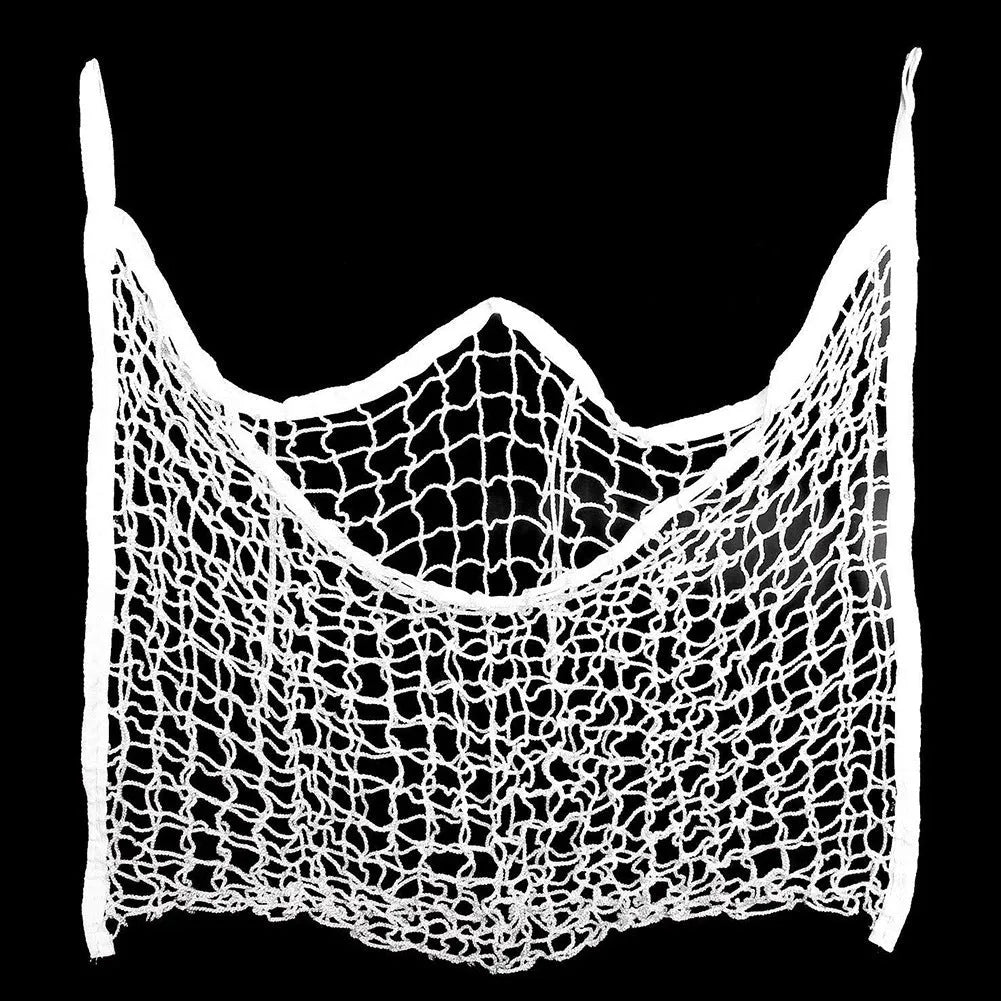 Woven polyethylene rope hanging feeding bag for livestock in a grid design.