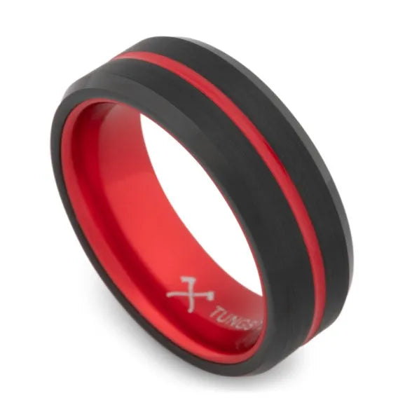 Fire Stripe Tungsten Carbide Ring with grooved ceramic inlay, polished finish, sizes 5-17