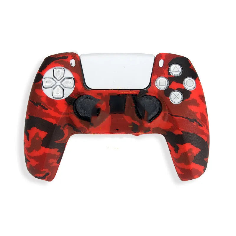 Camouflage patterned silicone grip case fitted on a black Sony PS5 DualSense controller.
